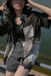 Short Sleeve Vintage Black Tie Dye Blouse Shirt
